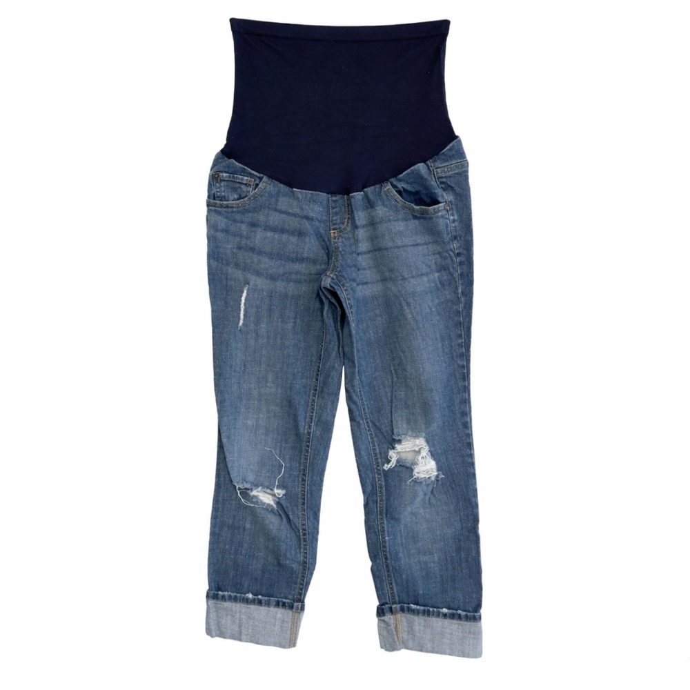Indigo Blue Maternity Boyfriend Jeans Medium Distressed Full Panel Cuffed Denim